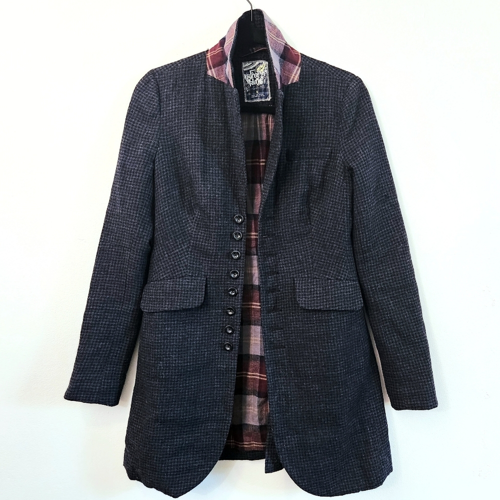 Free People Wool Navy Plaid Check Collared Gathered Waist Sport Coat